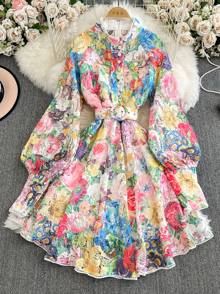 

Spring Summer French Hollow Hook Flower Lace Dress Women's New Waist Cinched Lantern Sleeves Ruffled A-line Dress C28