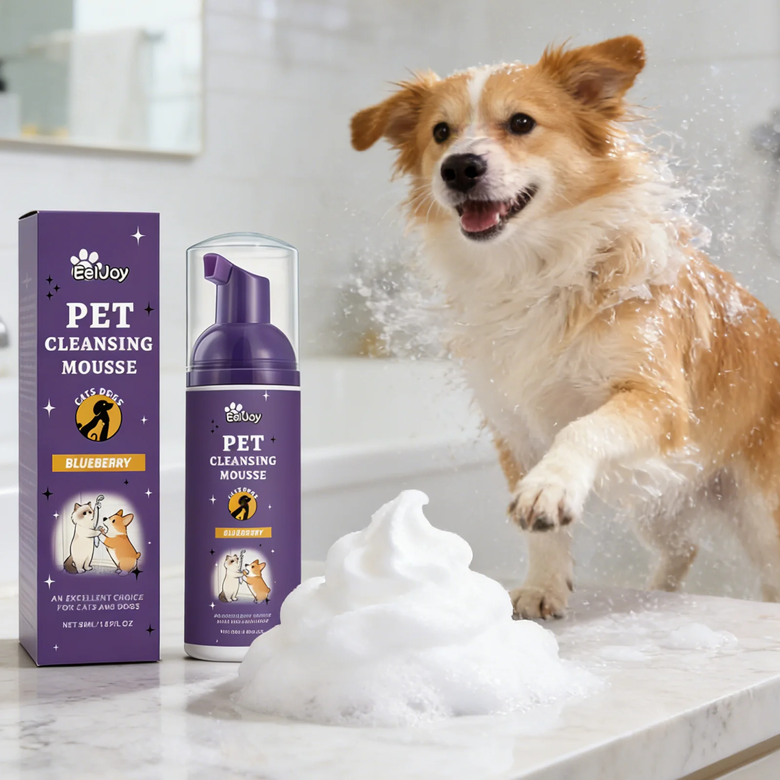 Espuma de Champú para Perros sin Agua de 5 Minutos | Limpieza Rápida y Desodorización Entre Baños | Fórmula de Alantoína para un Pelaje Suave y Brillante, Champú Seco