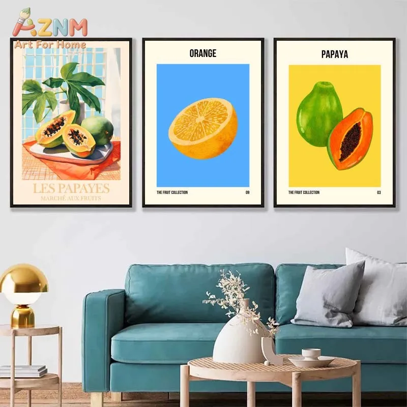 AZNM Retro Fruit Canvas Wall Art Papaya Orange Lime Raspberry Grapefruit Colorful Boho Illustration Print Frameless Canvas Paint