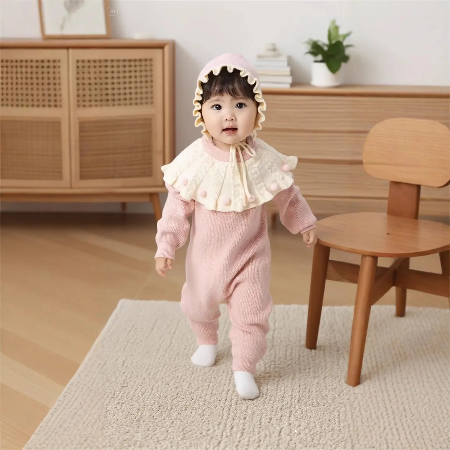 

Autumn Newborn Girls Rompers Lotus Leaf Collar Long-sleeve Bodysuits For Toddler Girls Pink Lace Trim 0-3Y Girls Knit Jumpsuits