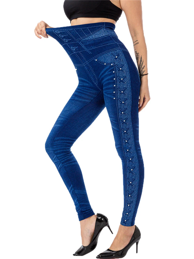 CHSDCSI-Leggings de Jean azul escuro casual feminino, calça jeans falsa, cintura alta, patchwork de ponto pequeno lateral, jeggings magros, senhora