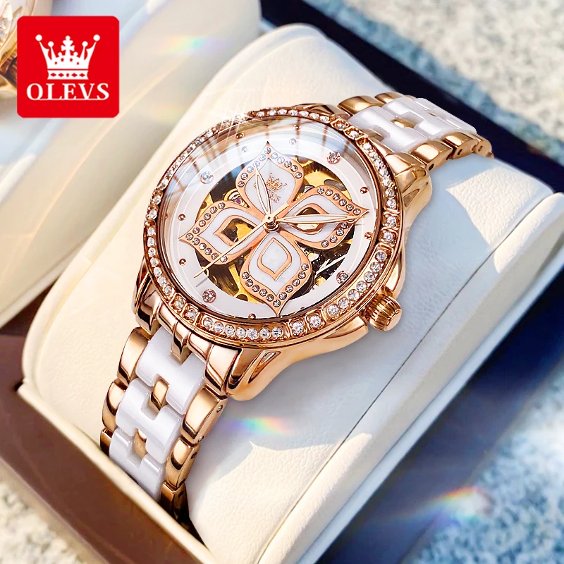 

OLEVS 6612 Women Watch Elegant Diamond Mechanical Watch Waterproof Ceramic Strap Luxury Hollow All Automatic Watch Women Bracele