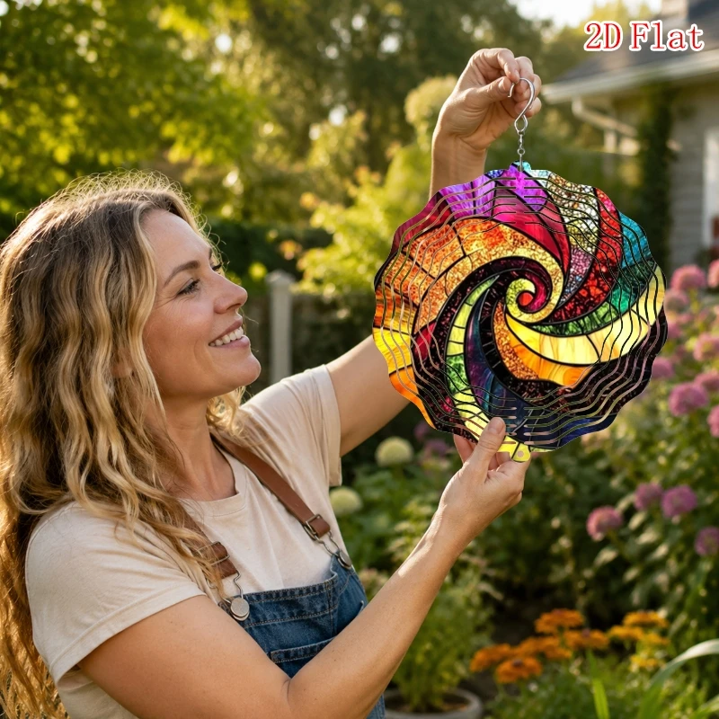3D Stained Glass Swirl Wind Spinner - 10 Inch Metal Art with 360 Swivel Hook for Garden Patio All Season Gift
