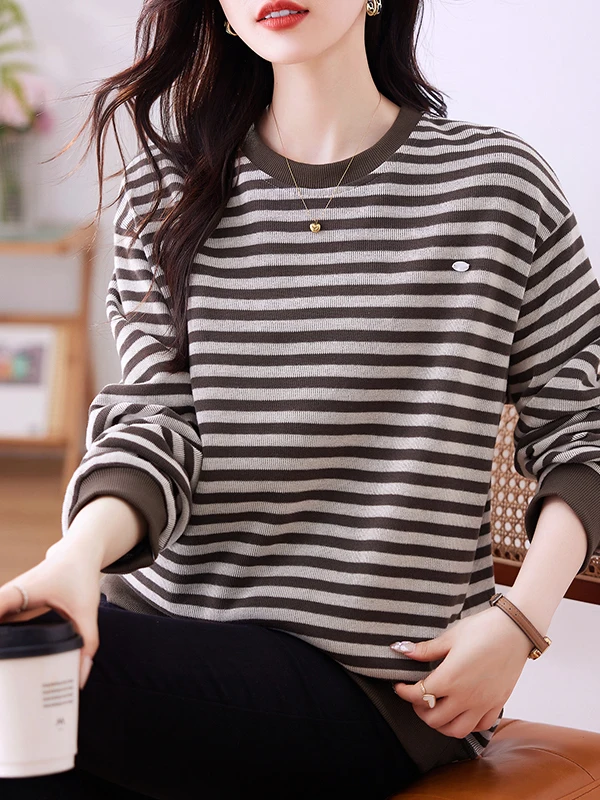 Dames rond Ne Sweatshirt Gestreept Loose Fit Thiened Halflange Faionable Vintage Sle Herfst Winter Nieuwe collectie Top