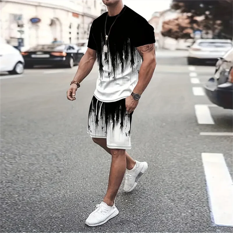 

Fashionable Boutique Color Blocking Tie Dye Men T-shirt and Shorts 2-piece Set Summer Outdoor Casual Breathable Short Sleeve Set