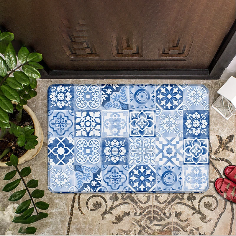 

Blue White Tile Pattern Doormat Non-Slip Floor Mat Home Entrance Door Rug Vintage Style Decor Kitchen Bathroom Supplies