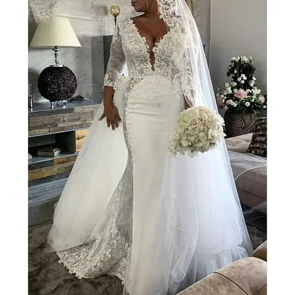 Customized  Deep V Neck Lace Applique Vintage Wedding Dress Robe De Mariage 3/4 Long Sleeves Plus Size Mermaid Bridal Gown