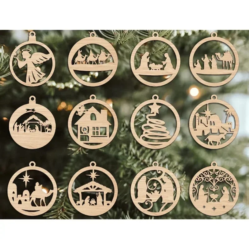 New Arrival Premium DIY Hollow Wooden Pendants Jesus Nativity Wood Slices Handmade Christmas Home Ornaments