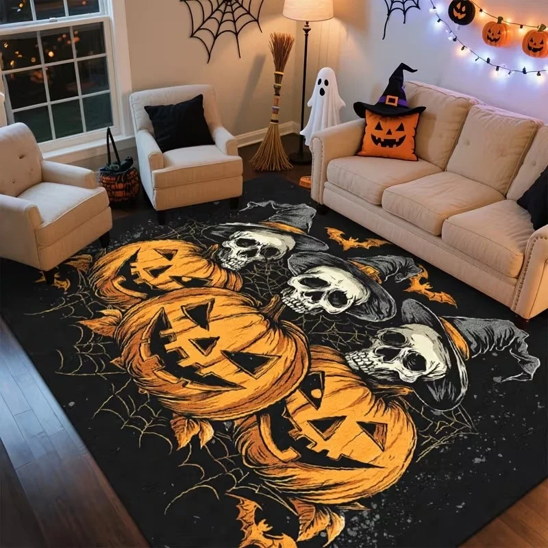 Retro Ghost Witch Hat Halloween Rectangle Doormat,Pumpkin Black Cat Bat Candle Spider Printed Floor Rug,Indoor Decor