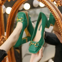 Damskie buty na średnim obcasie 5.5CM Summer French Style Back Empty Female Thick Heel Square Toe Mary Jane Shoes Black Green Talon Femme