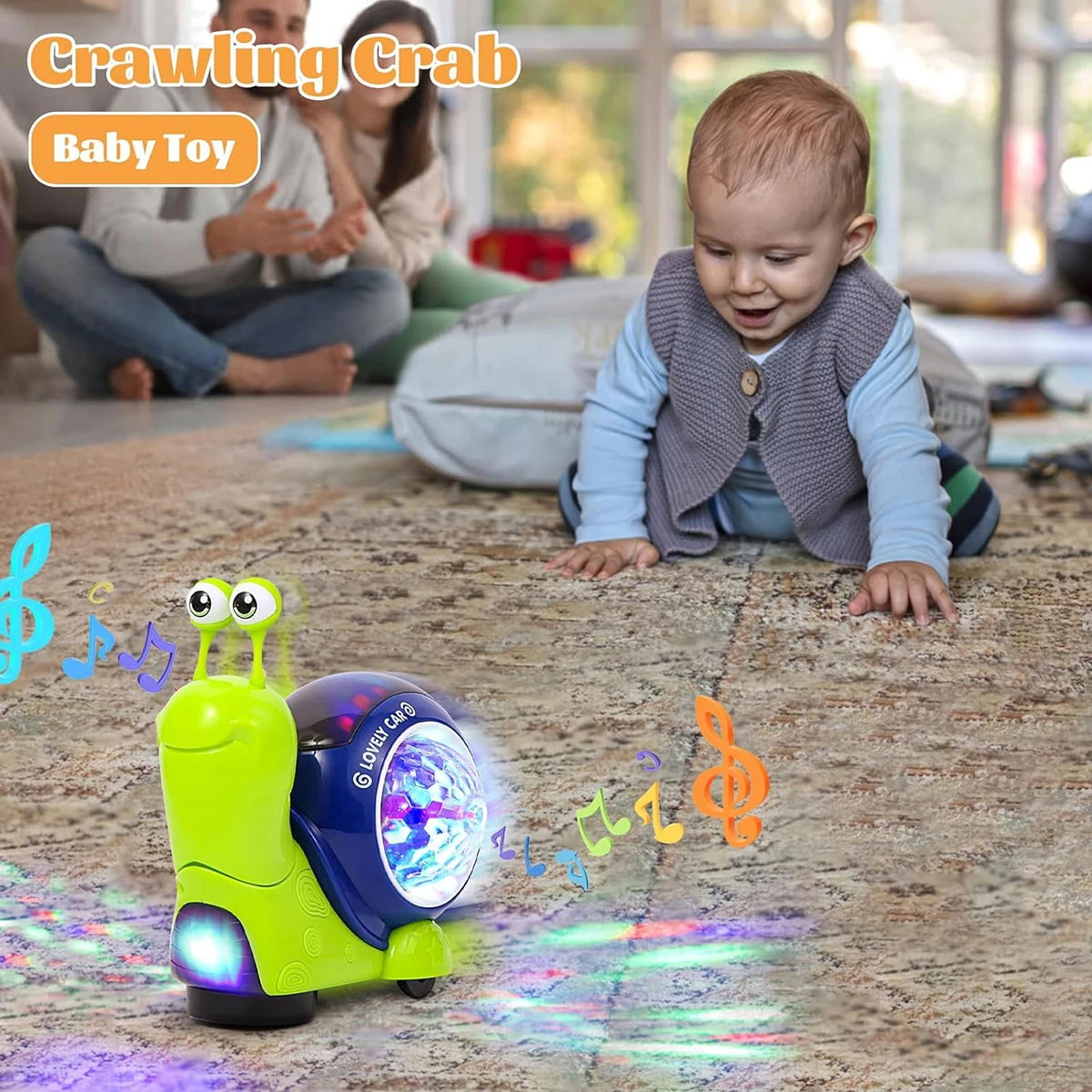 1PC Crawling Snail Baby Toy, Walking Tummy Snail Toy for Babies, Interactive Musical Light up Crawling Toys (Green snail)