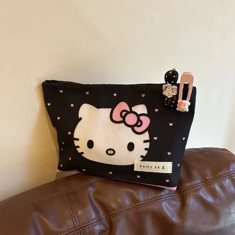 Söt Sanrio Svart Rosa Hello Kitty Tecknad Kosmetikväska Anim Bärbar Canvas Resetillbehör Förvaringsväska Stor Myntväska 8 best sales svart Hello Kitty-väska - №8