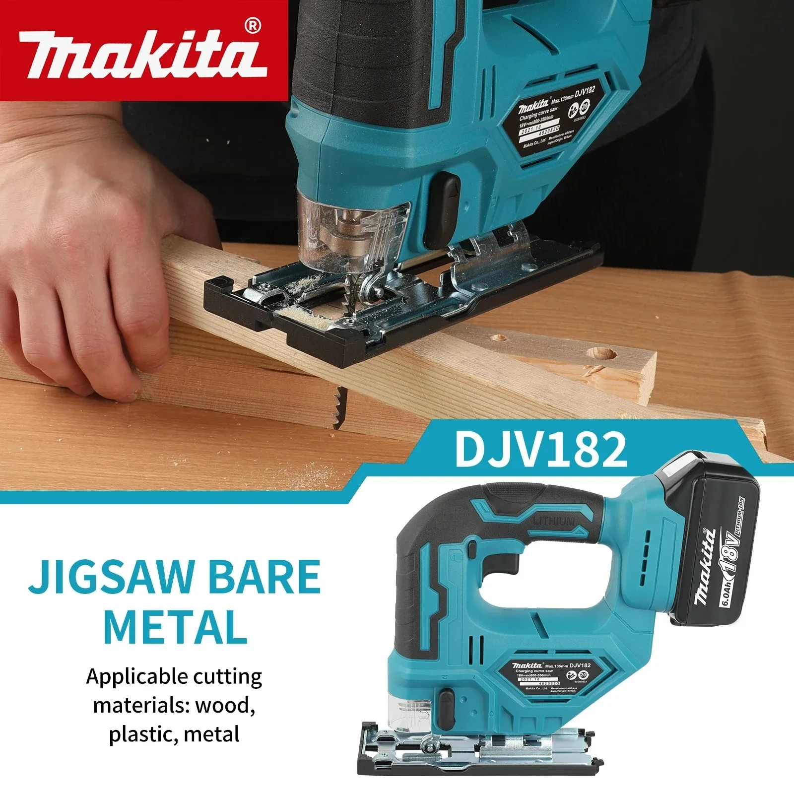Makita DJV182 Bare Barrel Handle Jigsaw 18V Brushless Cordless Saw For Wood Plastic Metal Carpentry Cutting No Battery Included