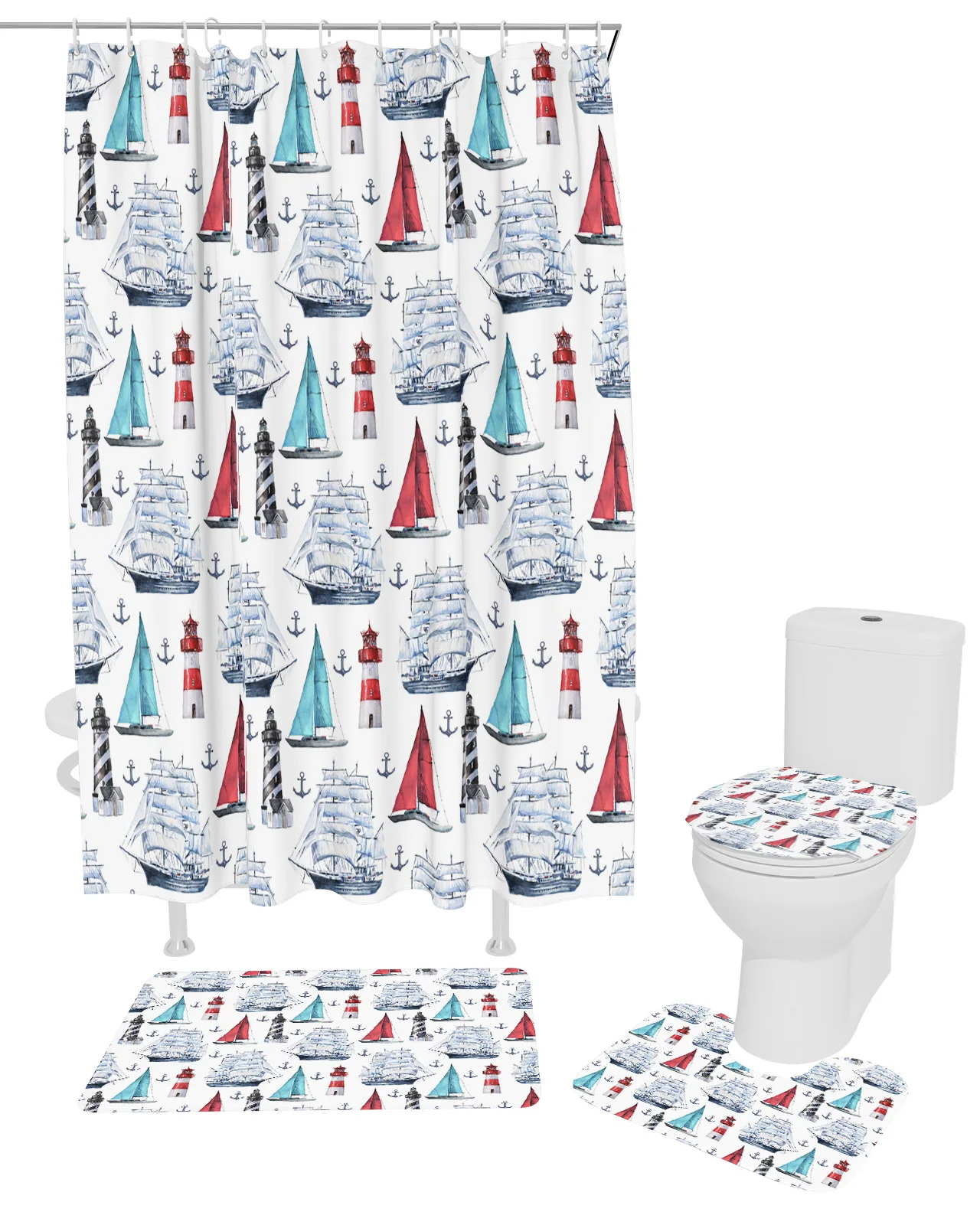 Summer Ocean Sailing Lighthouse Shower Curtain Set Non-Slip Rugs Bath Mat Toilet Lid Cover Waterproof Polyester Bathroom Curtain