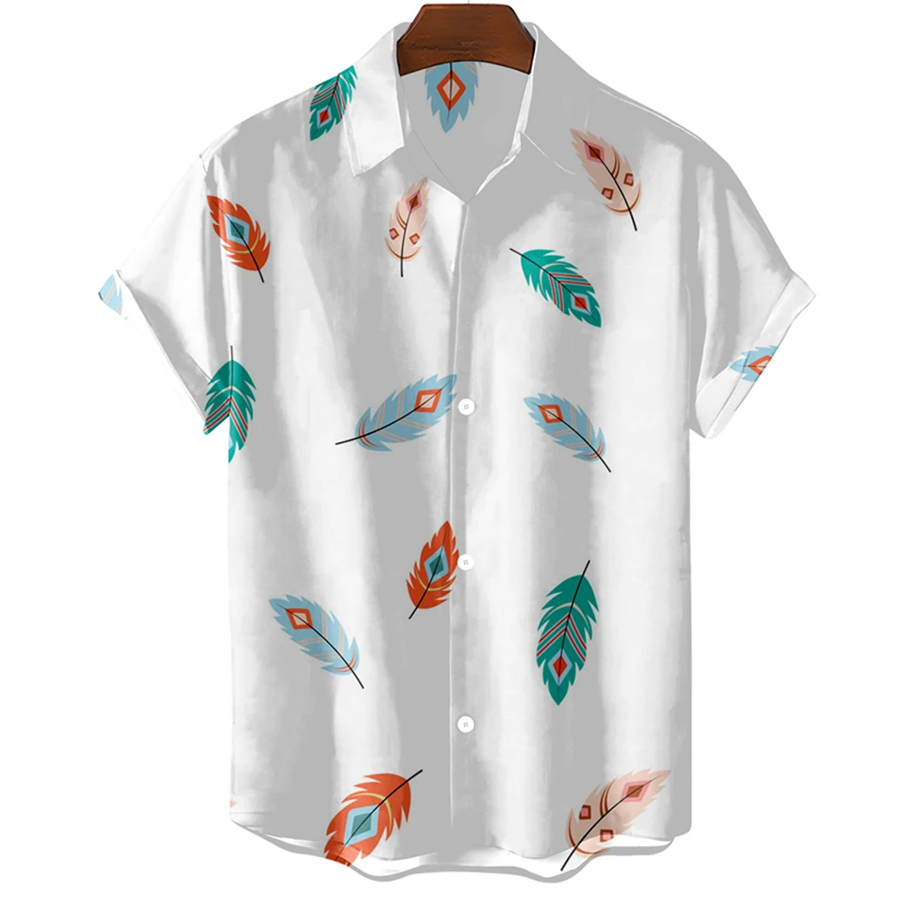 Fashion Original Men\'s Shirt Hawaii Casual Men Shirt Slim Fit Short Sleeve Tops Oversized Simple Feather Print Camisa MasculinaA