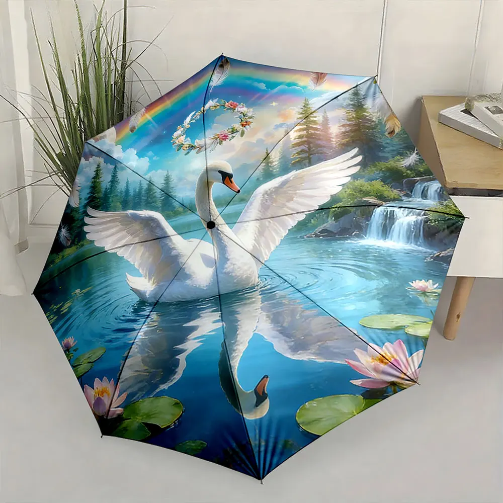 1PC Graceful Swan with Scenic Nature Art Umbrella Design Print 8 Iron Ribs Folding Umbrella Auto-Open Fashion Sunshade