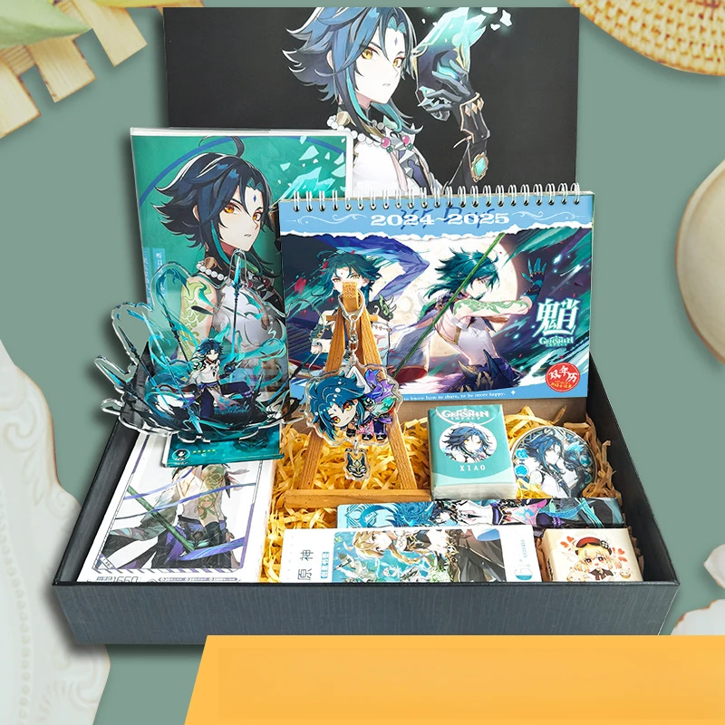 Anime Figure Genshin Impact Xiao Gifts Box include Acrylic Stand Model Plate Notebook Desk Calendar Badge Bookmark Stickers