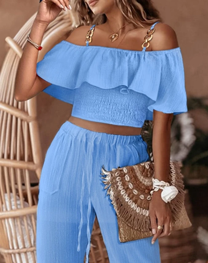 Summer Women's New Blue Ruffle Edge Cold Shoulder Chain Decorative Strap Card Shoulder Top and High Waist Drawstring Pants Set