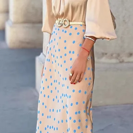 Women Fashion Dot Print Pleated A-Line Midi Skirt Vintage High Elastic Waist Female Chic Lady Skirts Holiday Casual Midi Skirt