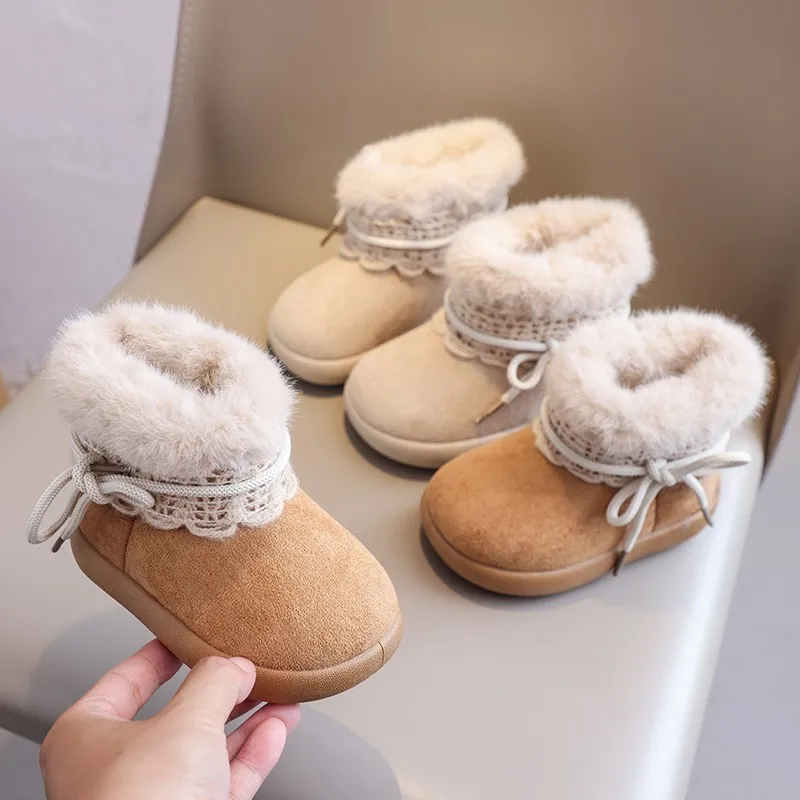 Children Snow Boot Winter Fur Lining Plush Mid-calf Boots Thick Sole Slip on Shoes Kids Outdoor Keep Warm Girl Short Booties