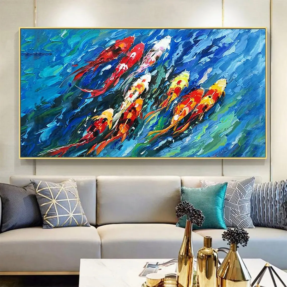 Large Colorful Koi Fish Oil Painting on Canvas  Abstract Ocean Seascape  Natural Landscape Wall Art  Boho Home Decor