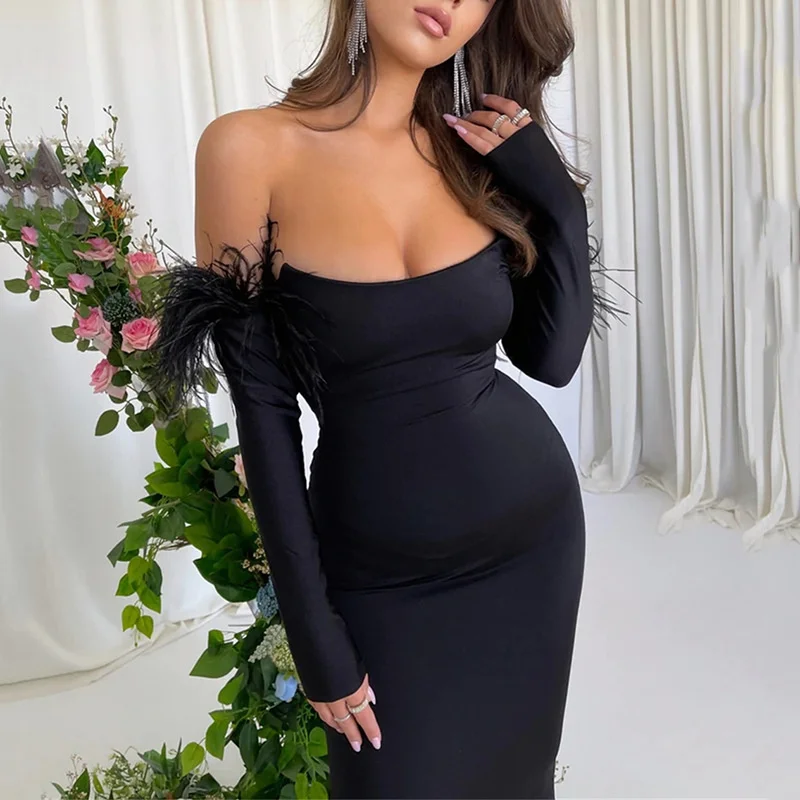 Elegant Off-shoulder Feather Sleeve Maxi Dress Women 2024 New Strapless Backless Bodycon Long Dress Wedding guest party dress