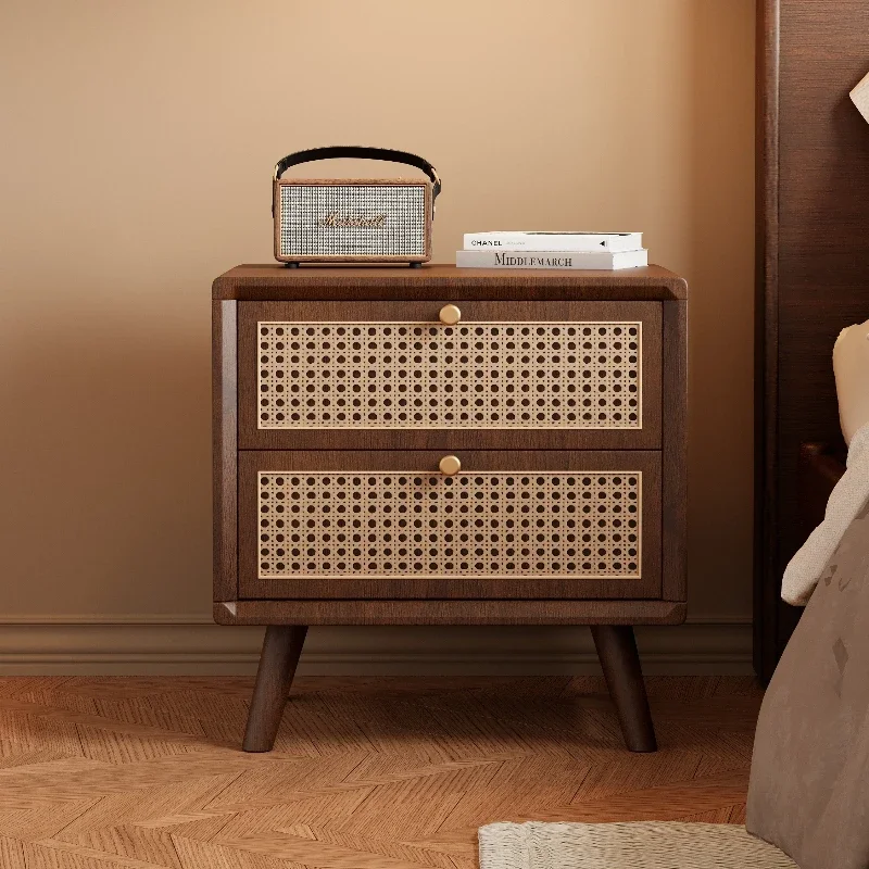 All solid wood bedside table rattan log walnut simple double draw household bedroom bedside storage locker