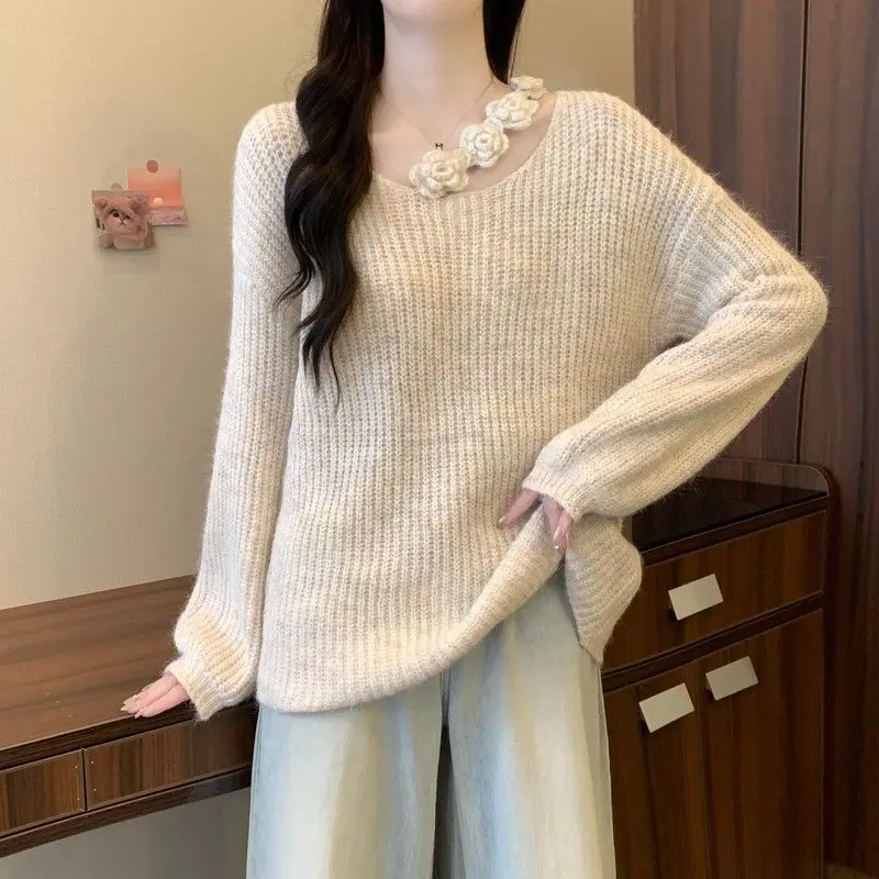 Women Clothing Korean Fashion 3D Flower Hollow Chic Sweet Knitted Sweater Autumn Winter Casual Solid Long Sleeve Loose Pullovers