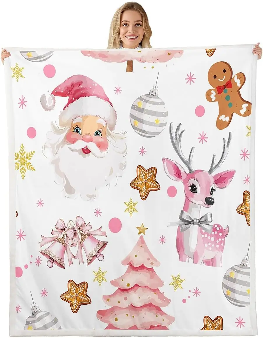 Pink Christmas Kids Throw Blanket Cute Pink Santa Claus Fleece Blankets Cartoon Gingerbread Xmas Tree Boys Girls Sherpa Blanket
