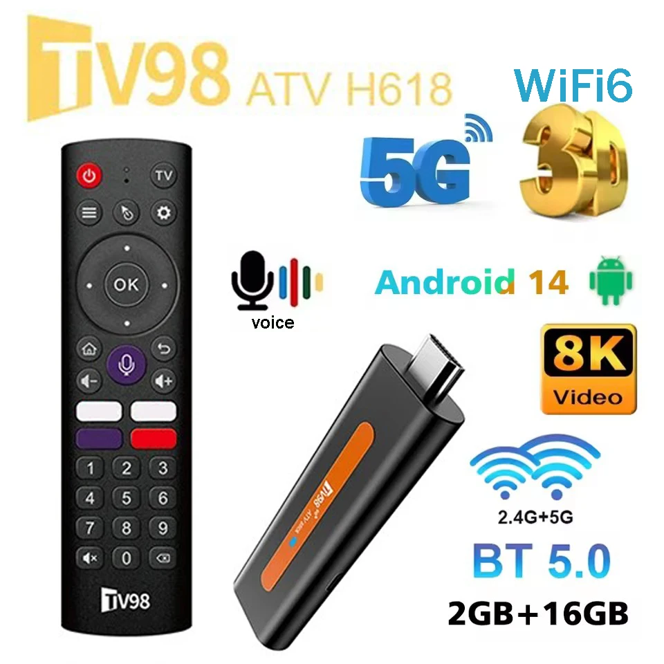 TV Stick TV98 ATV H618 Android 14 Allwinner H618 Quad Core 4G 5G WiFi BT 5.0  WiFi6 Voice Remote 8K Streaming TV Stick