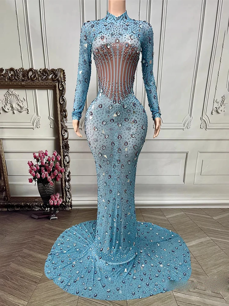 고품질 라인스톤 스팽글 섹시 탄성 메쉬 드레스 2025 신상 맞춤 여성 의류