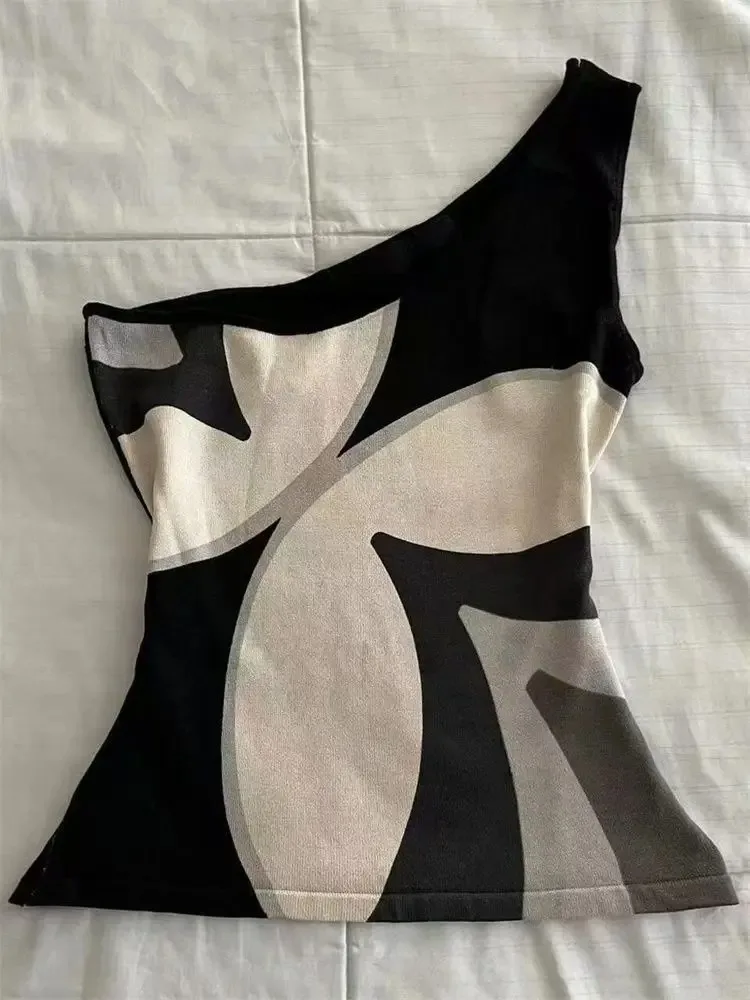 

2025 Women Clothing Print Vintage Tanks Crop Tops 2025 Ropa Mujer Single Shoulder Strap Top Chic Summer Vest Fashion Sexy Camis