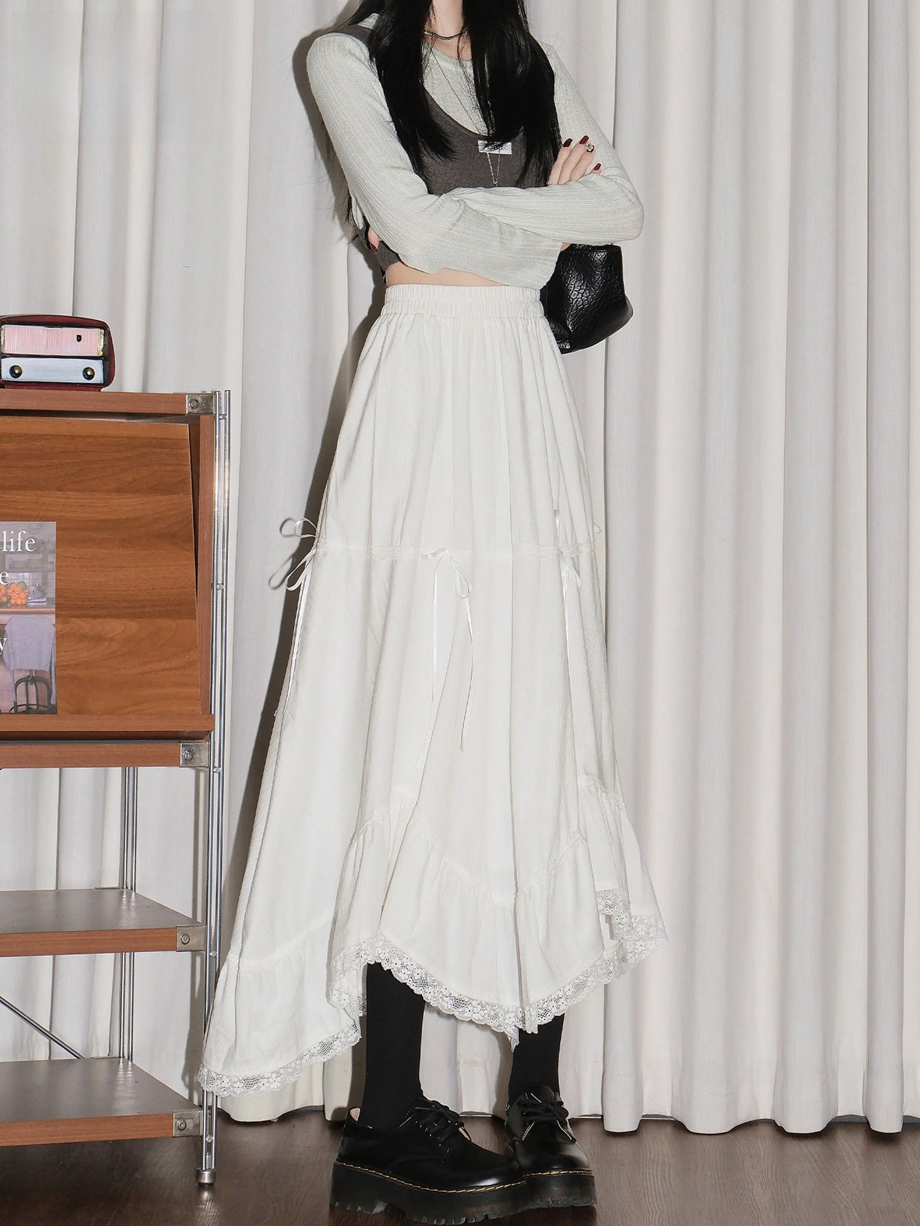 

Юбка А-силуэта с высокой талией, кружевными вставками и асимметричным подолом, женская летняя юбка для похудения, повседневный стиль, стандартный крой, эластичная талия