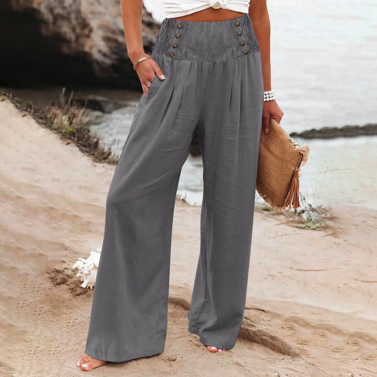 

Women Solid High Waist Beach Wide Leg Pants 2024 Spring Summer Casual Streetwear Oversize Elegant Trousers Pantalones