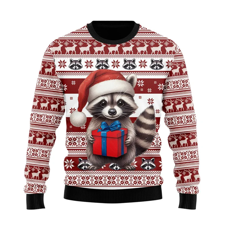 

2025 Funny Raccoon 3D Printed Autumn and Winter Ugly Christmas Sweater Women's Cute Animal Unisex Sweatshirt Boys Gift Casual To