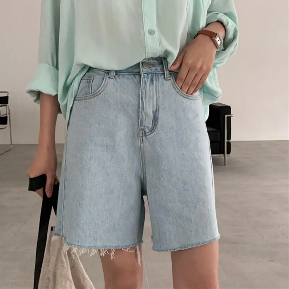 New Summer Women Hole High Waist Button Straight Leg Jeans Shorts Casual Female Loose Fit Blue Denim Shorts