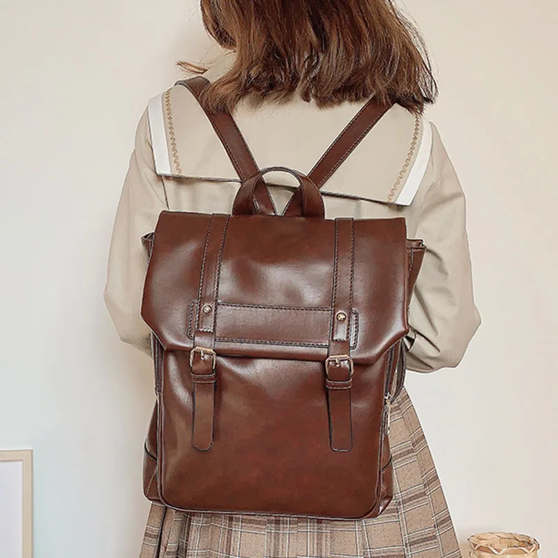 Vintage Leather Backpack Women Fashion Large Drawstring Rucksack School Travel Bag For Teenage Girls Mochilas Black Brown XA480H