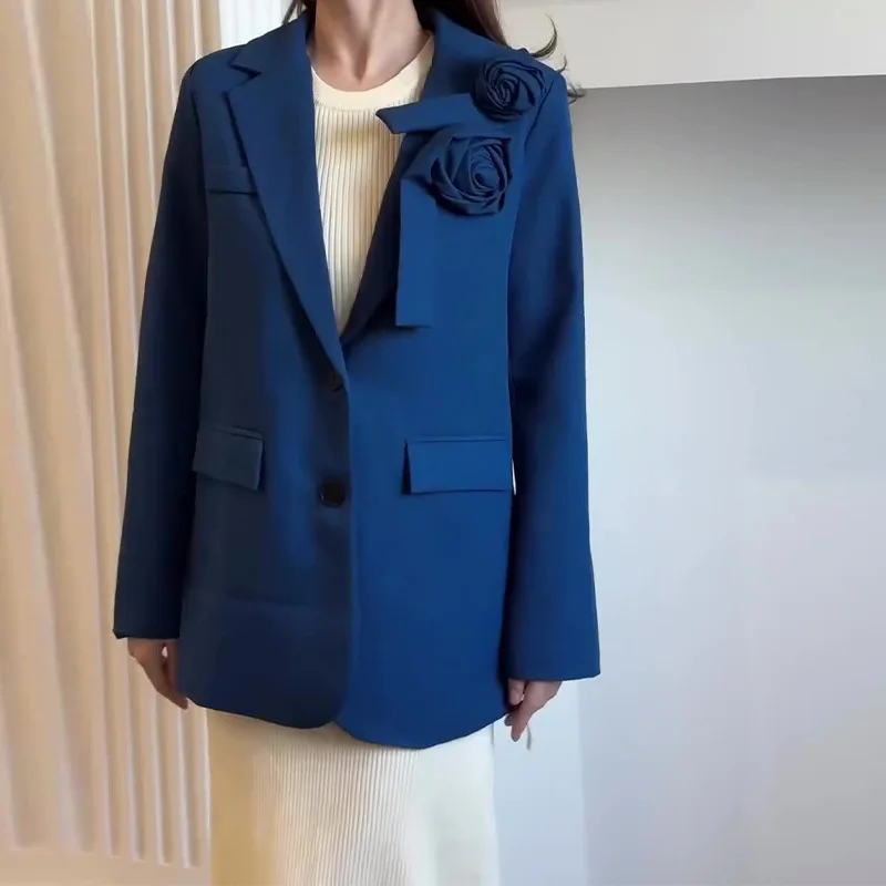 

Women Suit Jacket Blazer Coat Autumn Office Lady Three Dimensional Flower Single Breasted Turn Down Collar Outerwear 2025