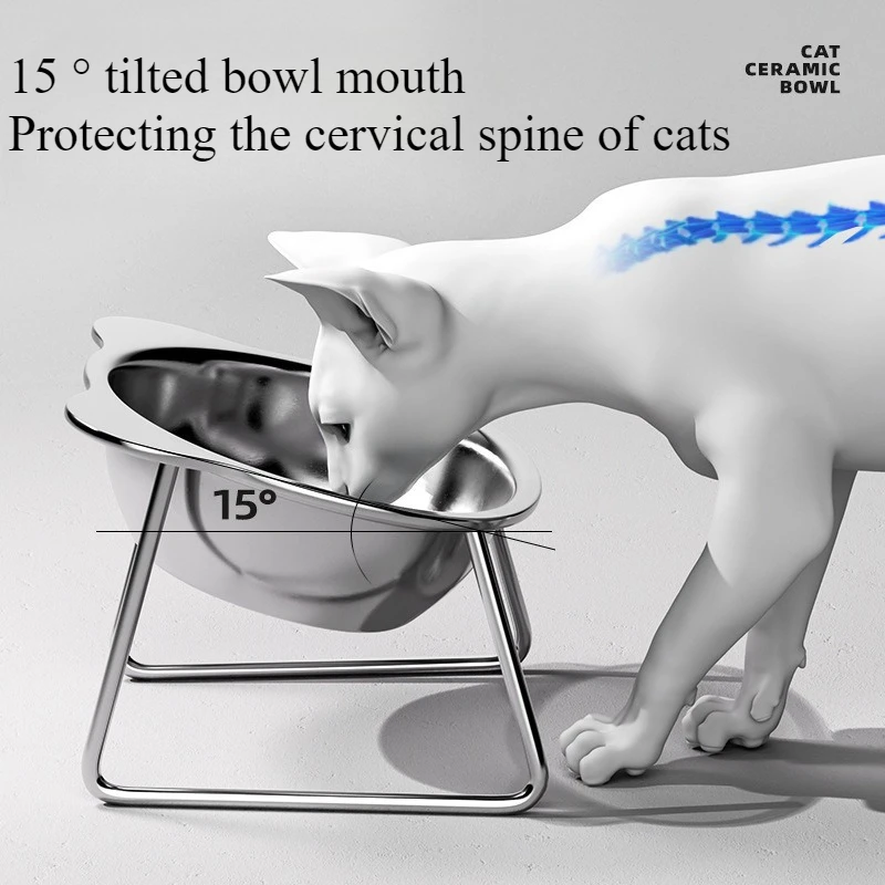 

304 Stainless Steel Cat Bowl Anti-fall Tilt The Bowl Mouth At 15 ℃ To Protect The Cat's Cervical Spine Food Bowl Pet Supplies