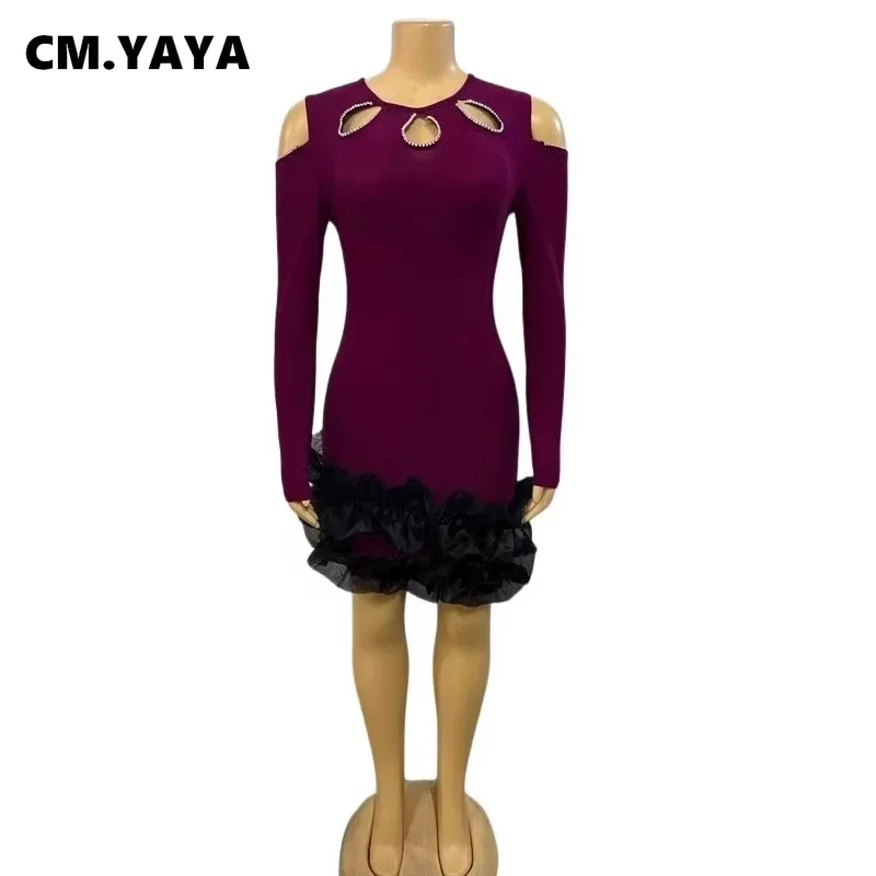 CM.YAYA Women Full Sleeve Elegant O-neck Hot Rhinestones Cutout Mini Dress 2025 Sexy Street Night Club Party Vestidos Dresses