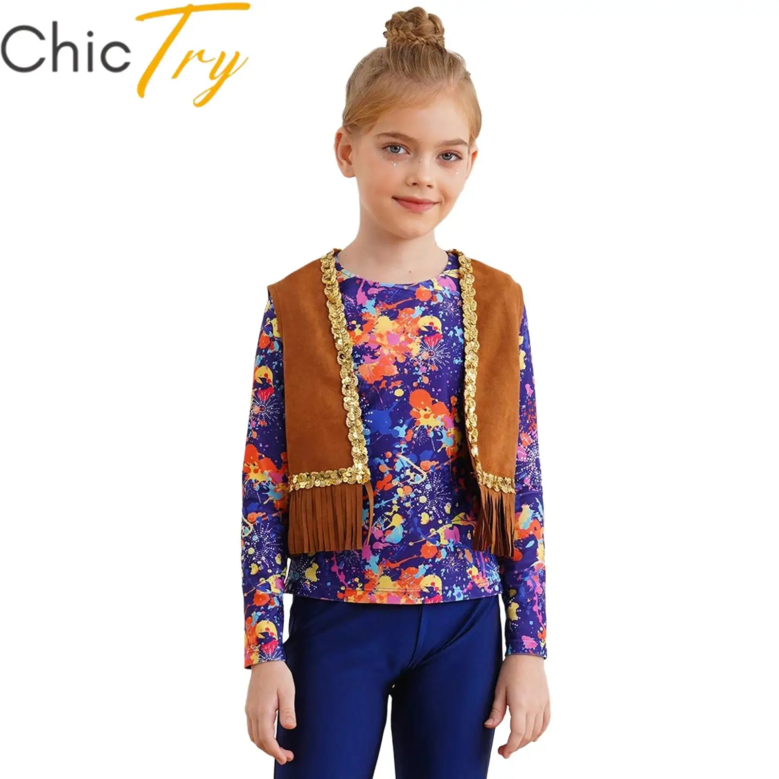 

Kids Girl 70s Disco Cosplay Costume Hippie Cosplay Sets Long Sleeve Print Shirt Top with Tassels Suede Vest Set Jazz Dancewear