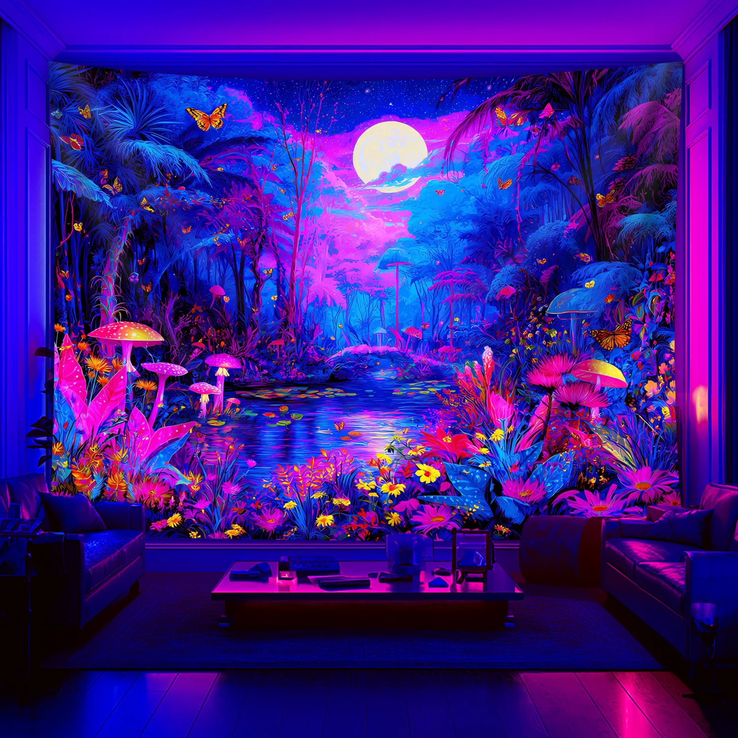 VIKAMA Black Light Galaxy Forest Tapestry UV Sensing psychedelic Wall Hanging Cloth Living Room Bedroom Natural Art Home Decor
