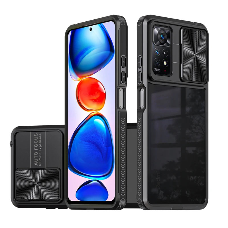 Slide Camera Lens Cap Transparent Hard Case For Redmi Note 11 11S 11E 10S 10 Pro Max 10C Poco X3 Pro NFC Shockproof Armor Cover