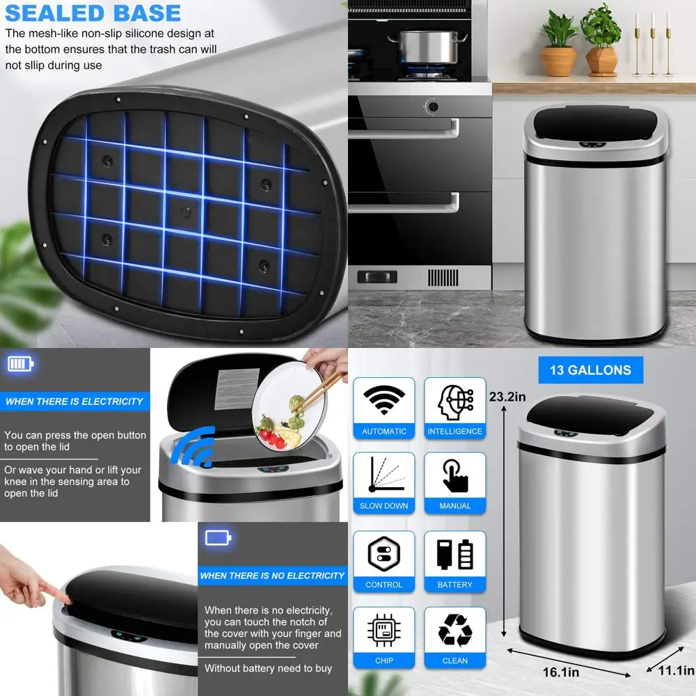 

13-галлонный автоматический бесконтактный мусорный бак, вместительная корзина из нержавеющей стали для кухни, ванной комнаты, спальни и домашнего офиса