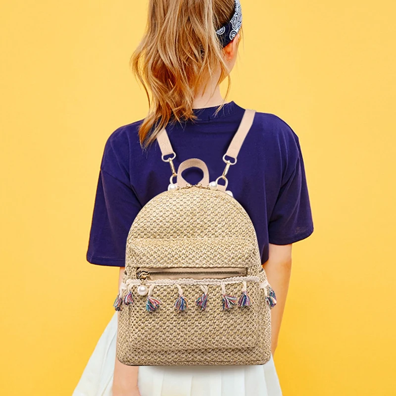 Hot Kf-Women Backpack Teen Girls Summer Beach Straw Weave Tassel Backpackk Female Casual Shoulder School Bag