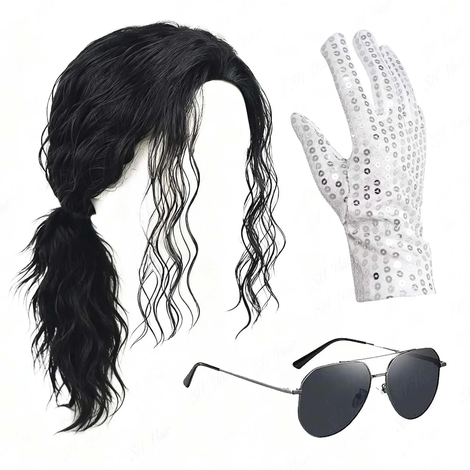 Peruca Sintética Masculina Preta Estilo Mullet + Óculos + Luva, Peruca Longa Cacheada Anos 70 80, Estilo Rocker Star Punk, para Festa, Halloween, Cosplay Michael Jackson