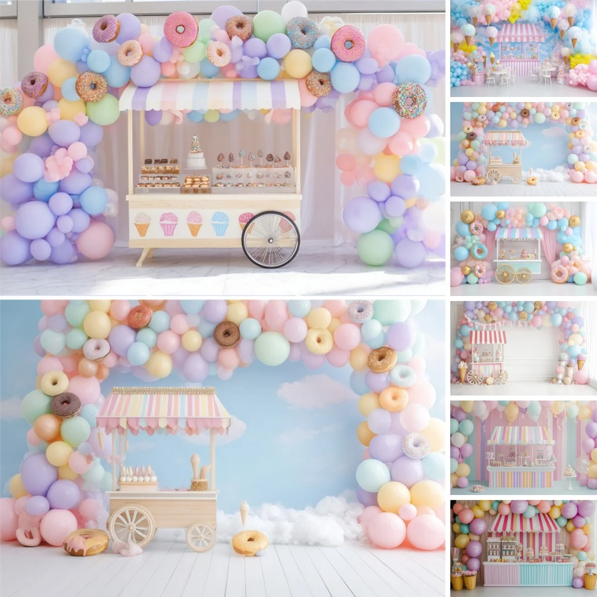 

Dessert Stall Photography Backdrop Colorful Balloons Donut Ice Cream Lollipop Girl Birthday Party Cake Smashing Photo Background