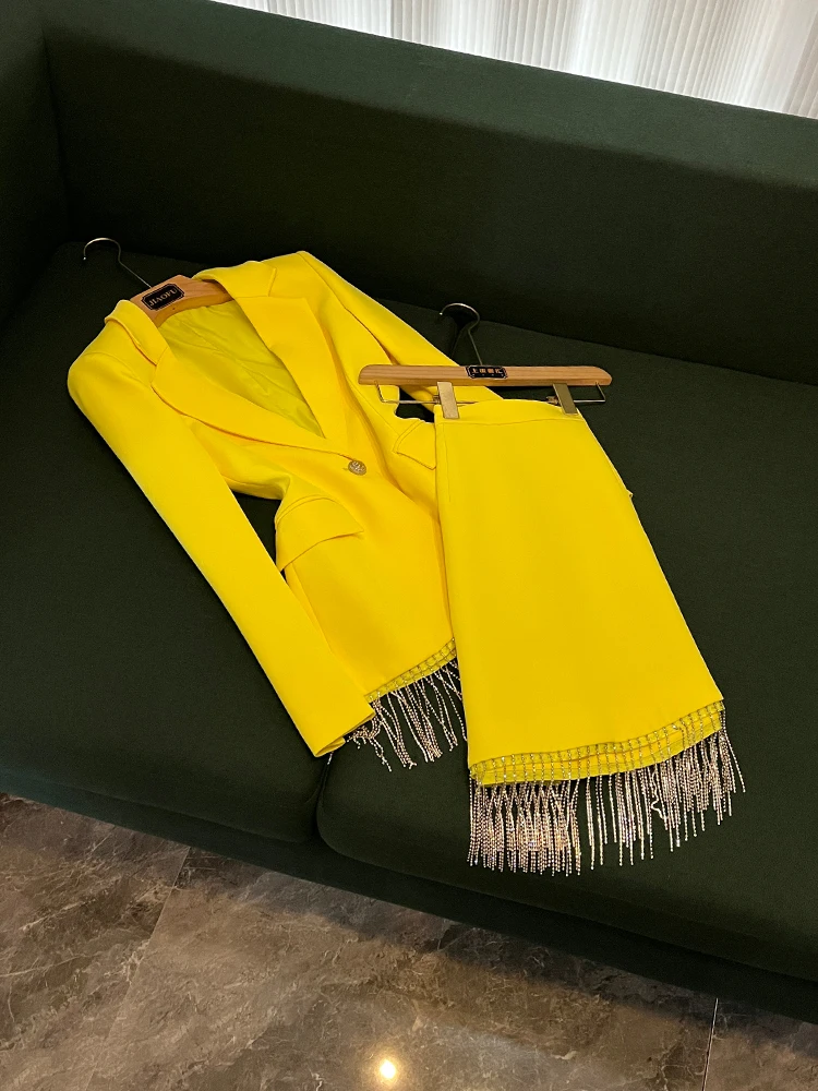 

Bright Yellow Midi Length Suit Jaet with Tassel Skirt And Chain Two Piece Set Faionable Cross-Border Women's Ensemble