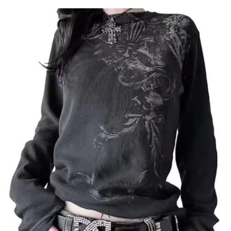 

Новая женская футболка с графическим принтом в стиле Y2K Grunge Gothic Skulls, ретро-пуловер с длинным рукавом в стиле Harajuku, винтажные эстетичные топы 90-х годов