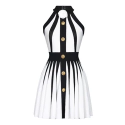 European And American Style Summer New Sleeveless Flower Slim Fit Knitted Halterneck Dress With Zipper Pleated Skirt At The Back